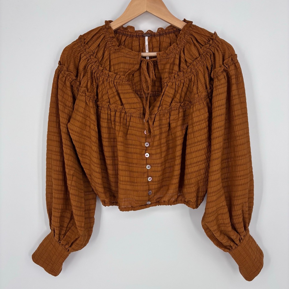Free People Hailey Blouse Womens XS Brown Sheer Textured Button Front Peasant